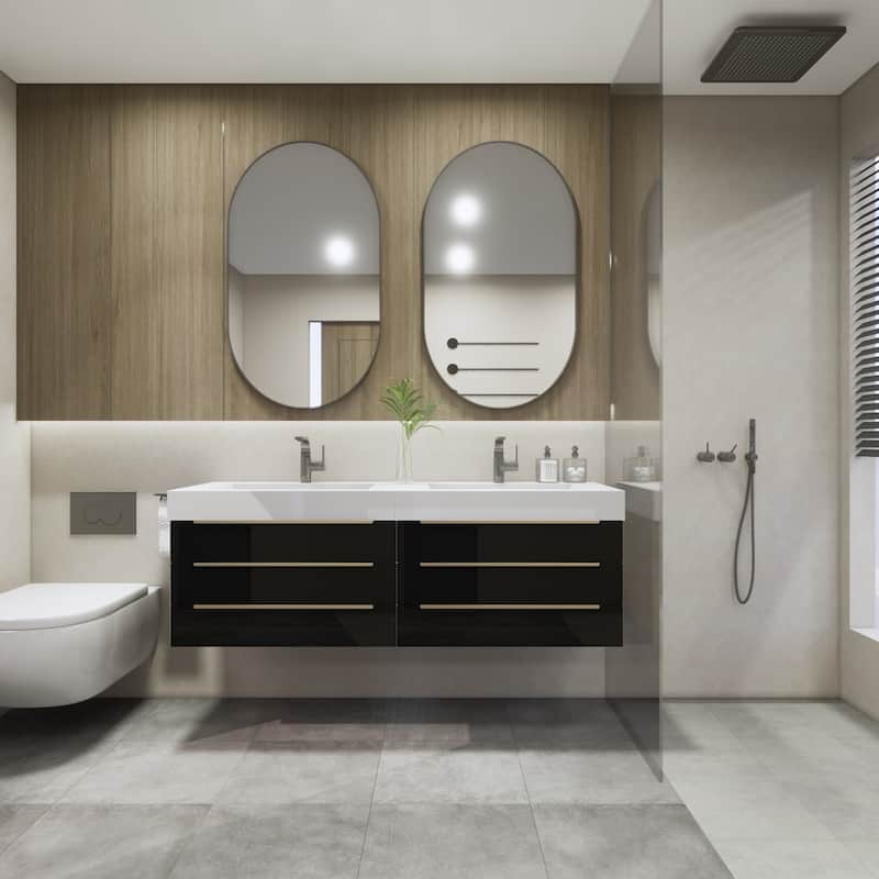 Noble 60" Floating Vanity with Reinforced Acrylic Double Sink - 60" Width - High Gloss Black - Glossy