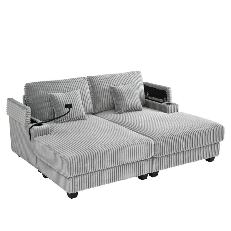Roomfitters 75 Inch Modern Chaise Lounge Sofa with Adjustable Backrest and Cup Holders, Corduroy