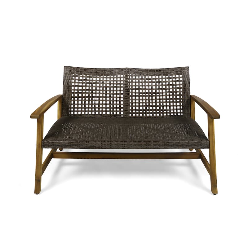 Hampton Outdoor Wood and Wicker Loveseat by Christopher Knight Home - mix mocha, natural stained finish
