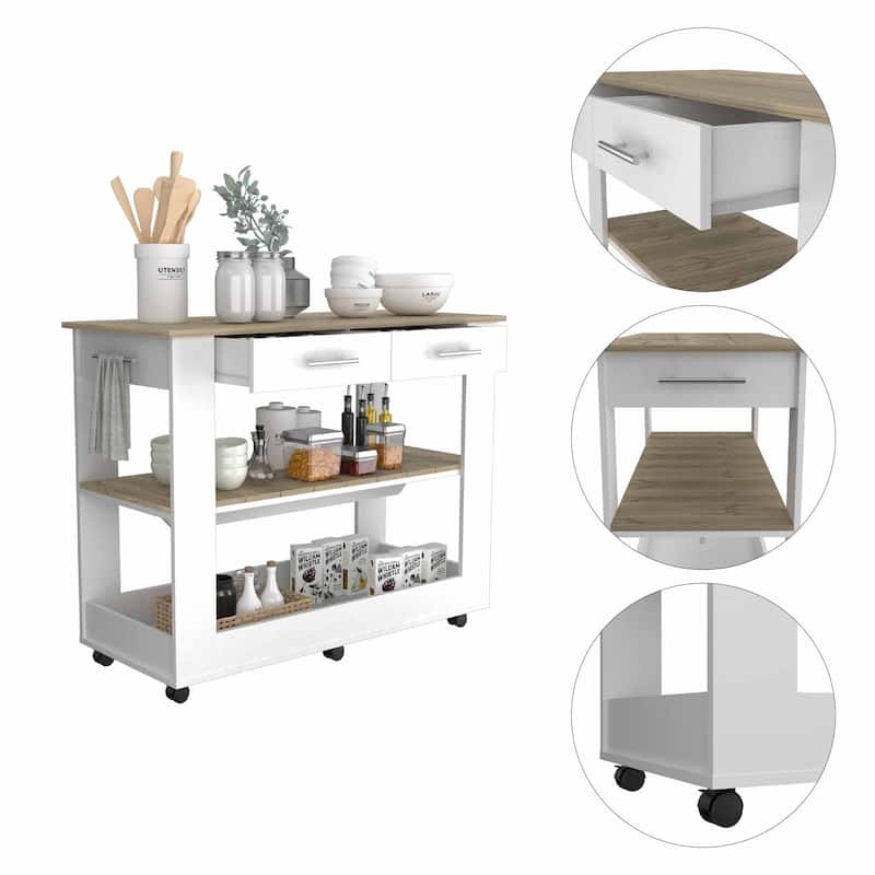 Light Oak and White Kitchen Island with Drawer Shelves and Casters - 20" X 40" X 20"