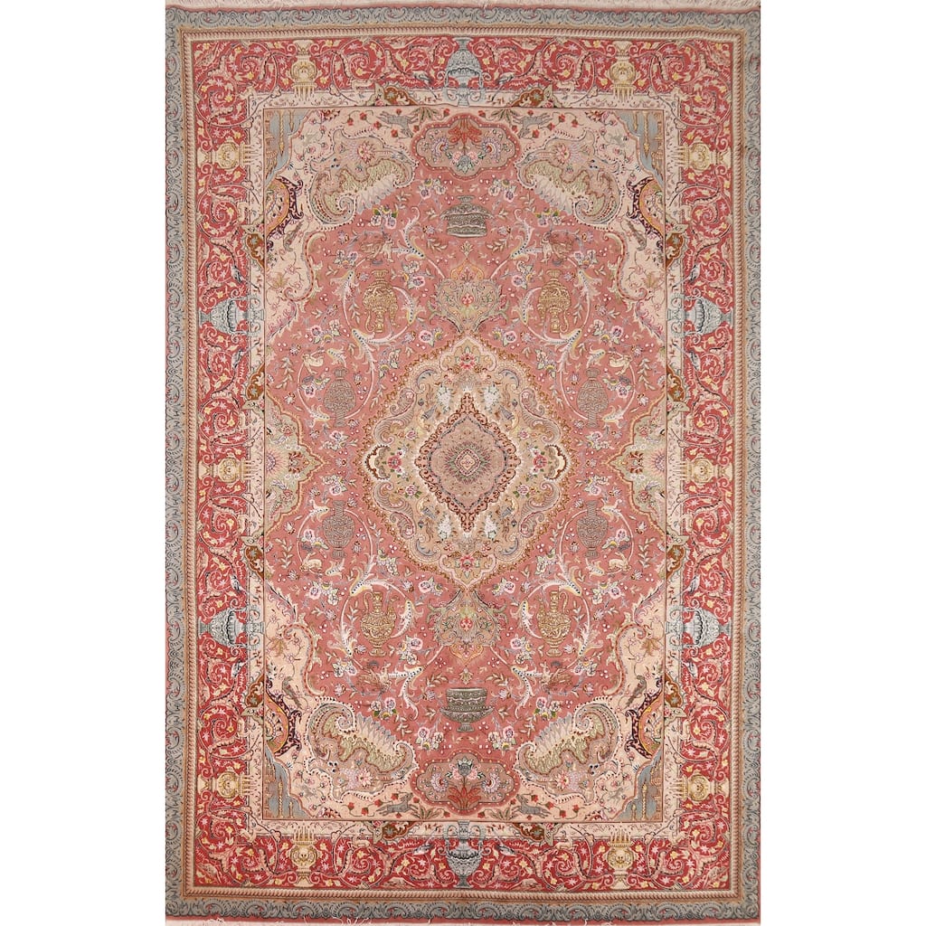 Handmade Wool & Silk Pink Tabriz Persian Area Rug Traditional Carpet - 6'7"x 10'5"