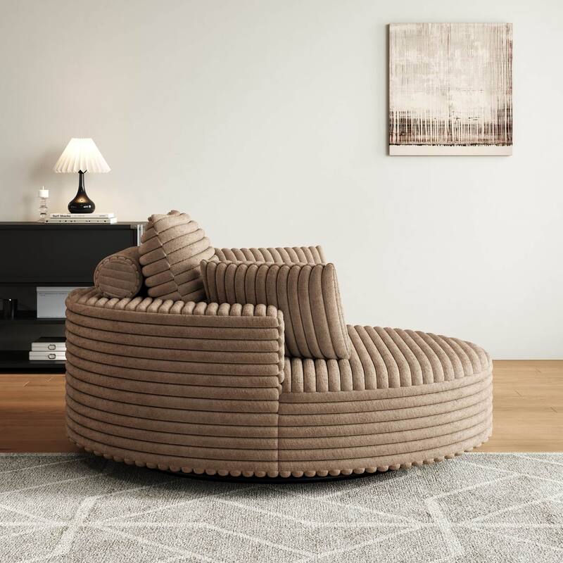 55'' L Corduroy Round Single Swivel Chair, Chaise Lounge with Pillows