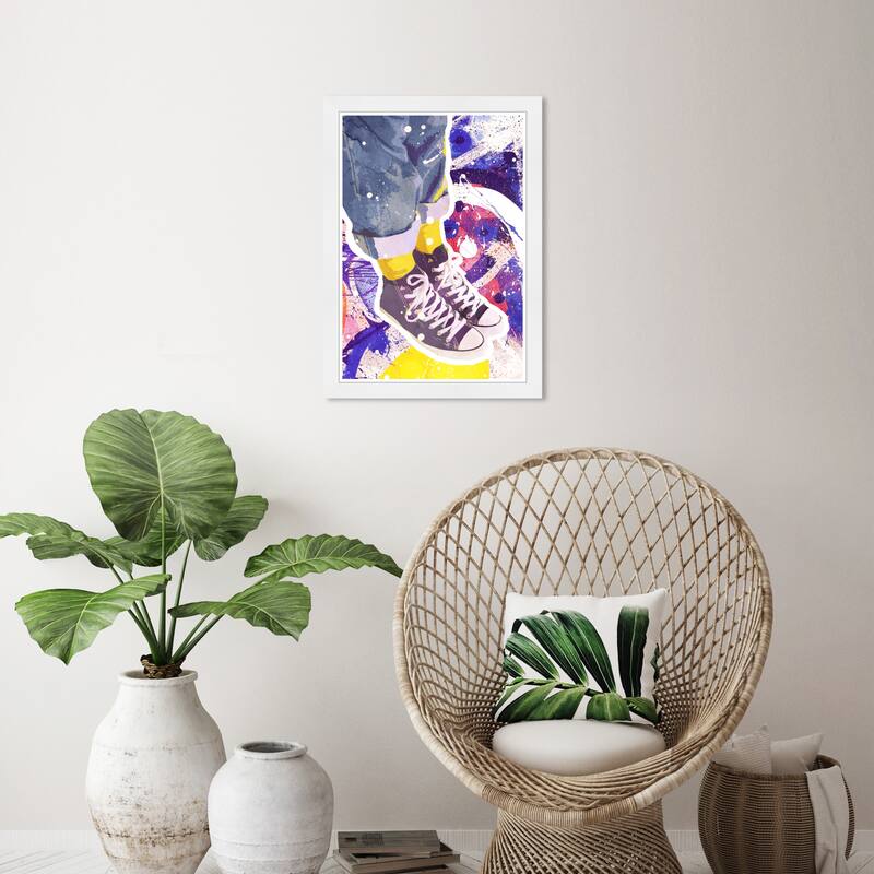 Wynwood Studio Prints Fashion and Glam Graffitti Sneakers Blue and Neon Yellow Modern & Contemporary Wall Art Canvas Print - White