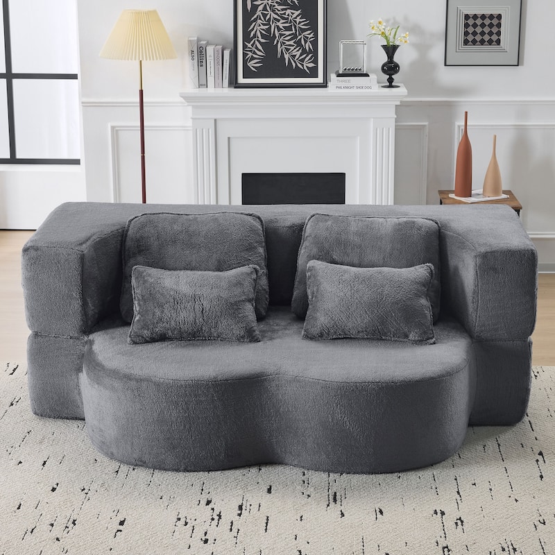 Folding Plush Futon Loveseat Couch Converts into Sleeper Sofa Bed or Yoga Mattress, High-Density Foam Queen Size Floor Bed - Grey