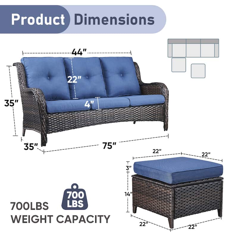 Gymojoy Patio Wicker 3-Seat Sofa with Ottoman