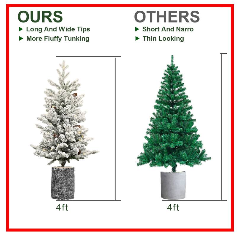 Pre-Lit Flocked Tabletop Tree - Warm White LED Lights, PE+PVC Branches, Pine Cones, Pot Base - White+Green