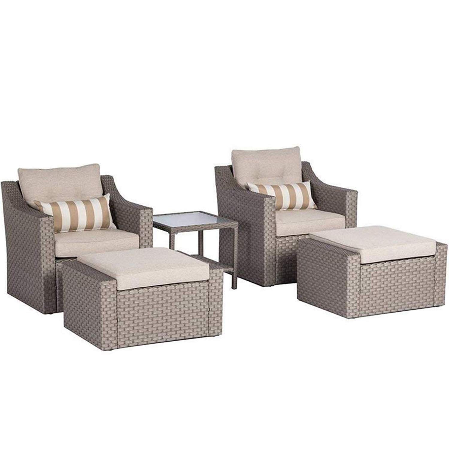 SOLAURA Patio Sofa Sets 5-Piece Outdoor Furniture Set Gray Wicker Lounge Chair & Ottoman with Neutral Beige Olefin Fiber Cushions & Glass Coffee Side Table 