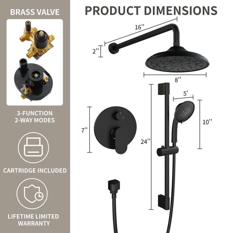4-Spray Wall Mount Dual Fixed and Handheld Shower Head with Adjustable Slide Bar and Pressure-Balanced Valve