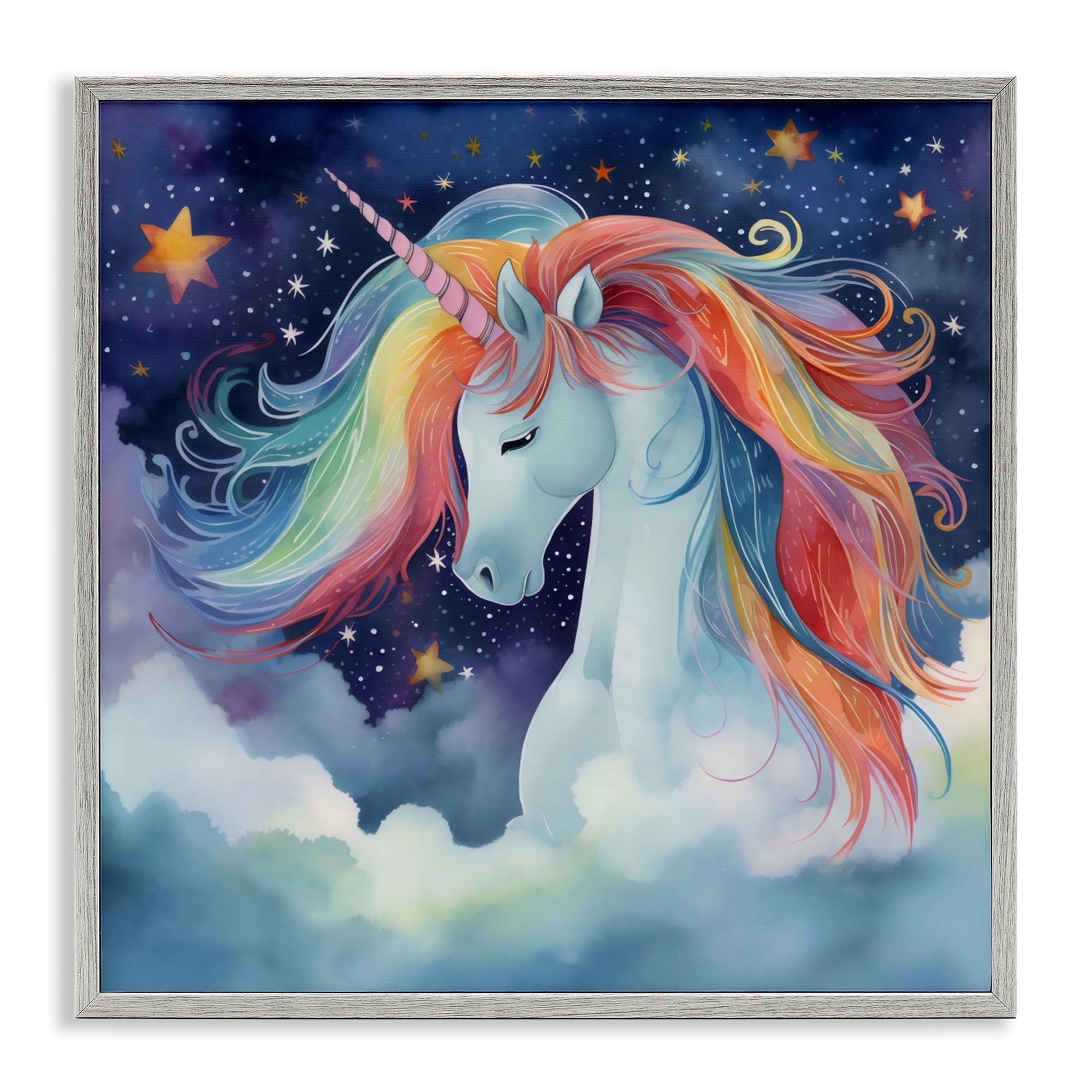 Stupell Rainbow Mane Unicorn in Clouds Framed Giclee Art Design By Creative Studio