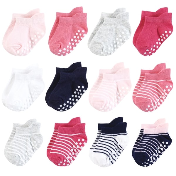 slide 1 of 1, Hudson Baby Infant Girl Non-Skid No-Show Socks, Pink Navy Stripe Pink Navy Stripe - 0-6 Months