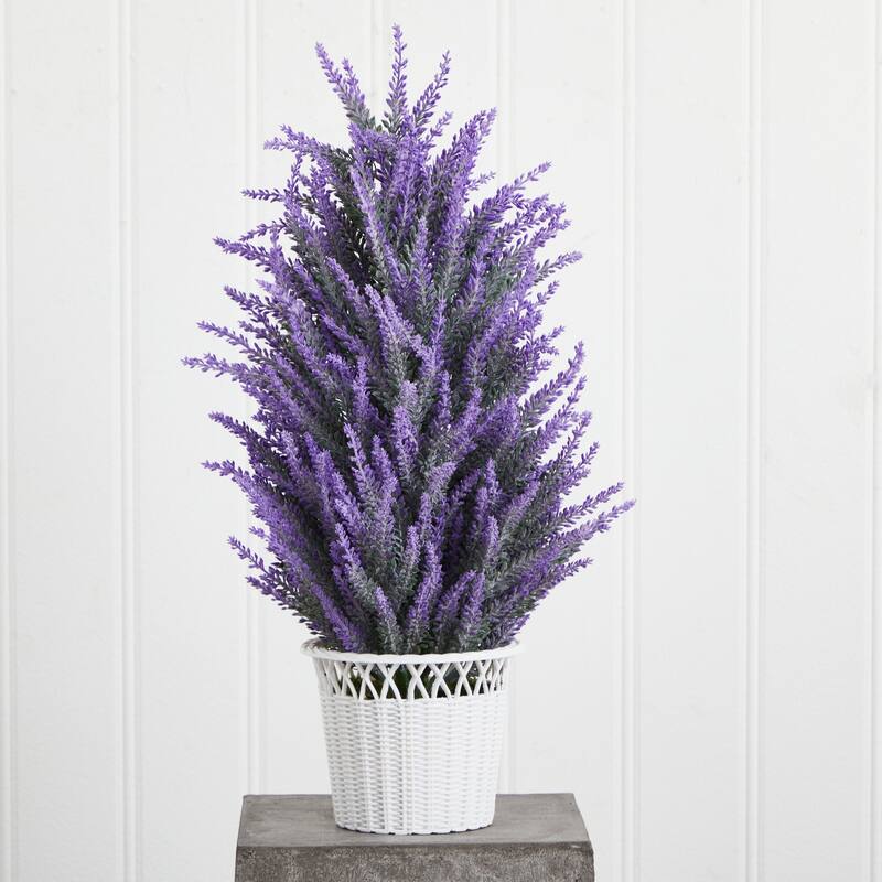 Artificial Lavender Plant in Planter - Home Decor Indoor Flower Arrangement - White Ceramic Pot - Purple