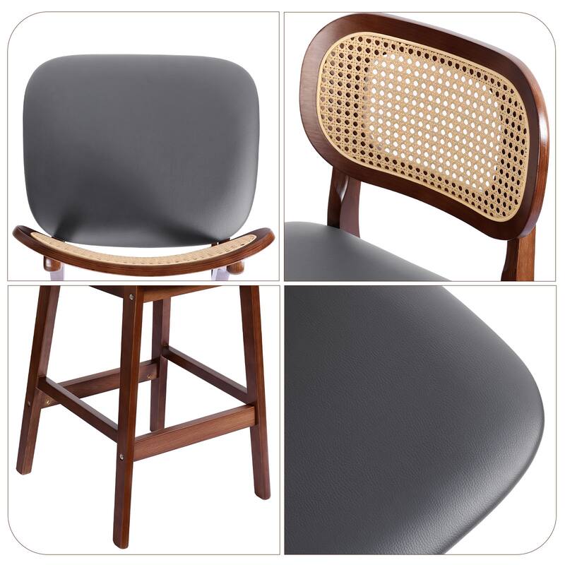 Wood Upholstered Counter Height Bar Stools with Rattan Back - 36.81"H x 17.72"W x 18.7"D