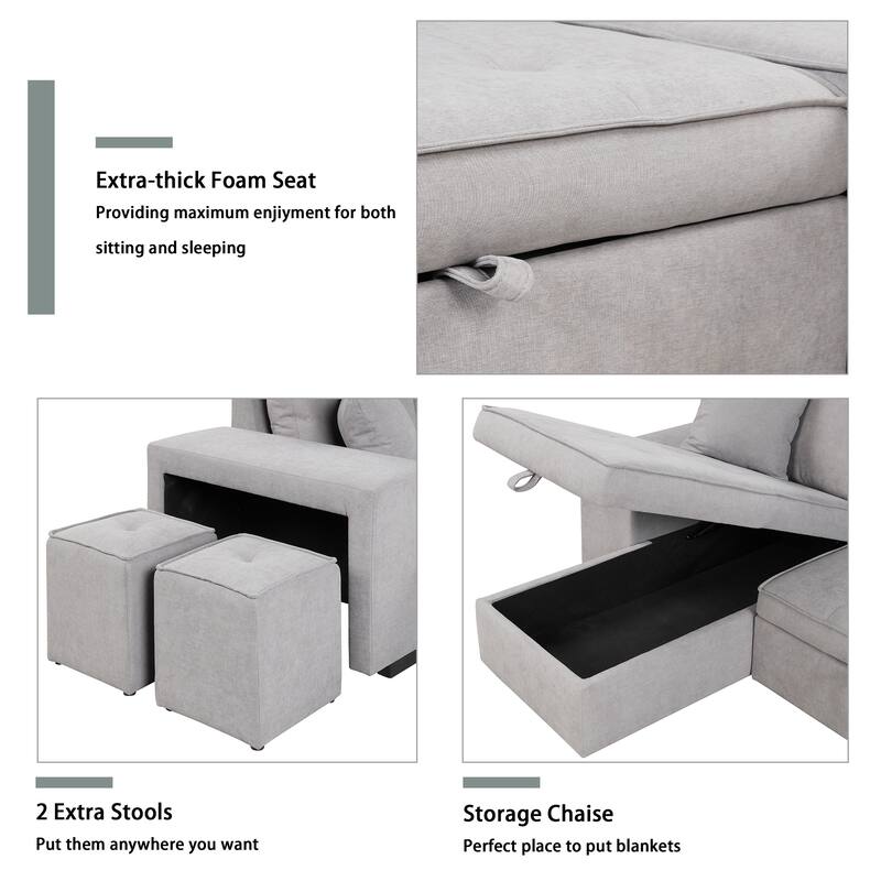 Convertible Sleeper Sectional Sofa, Reversible Sofa with Pull-Out Bed, Storage Chaise & 2 Stools, Linen Upholstered 4 Seat Sofa