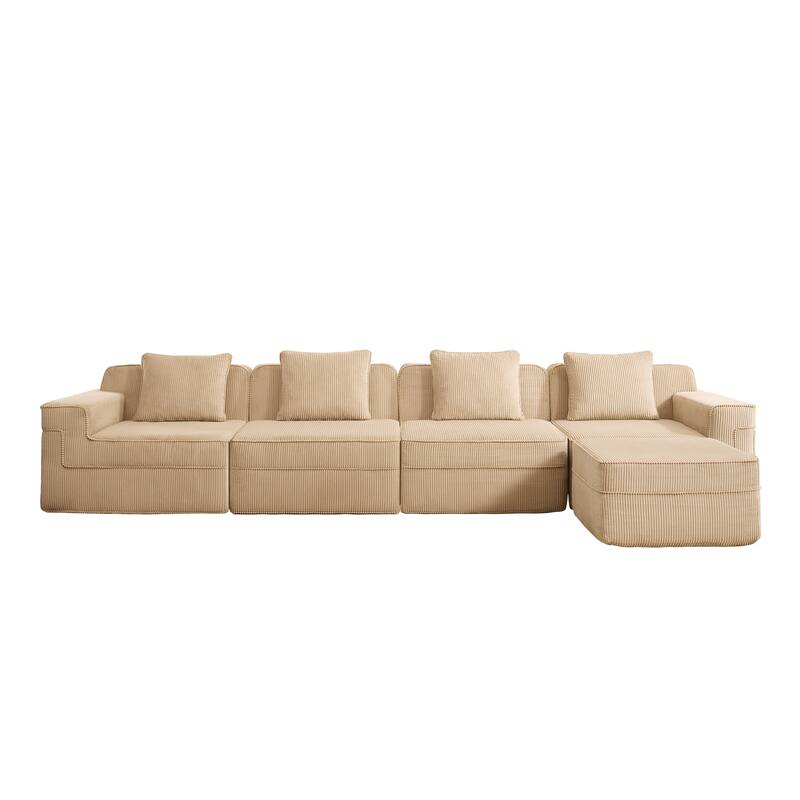 GDFStudio - Corduroy Modular 4-Seater 153.5" L-Shaped Boneless Cloud Sofa with Ottoman