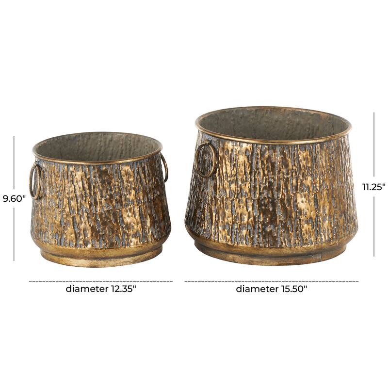 Brass Metal Textured Abstract Indoor Outdoor Planter with Gray Weathered Spots and Ring Handles (Set of 2)