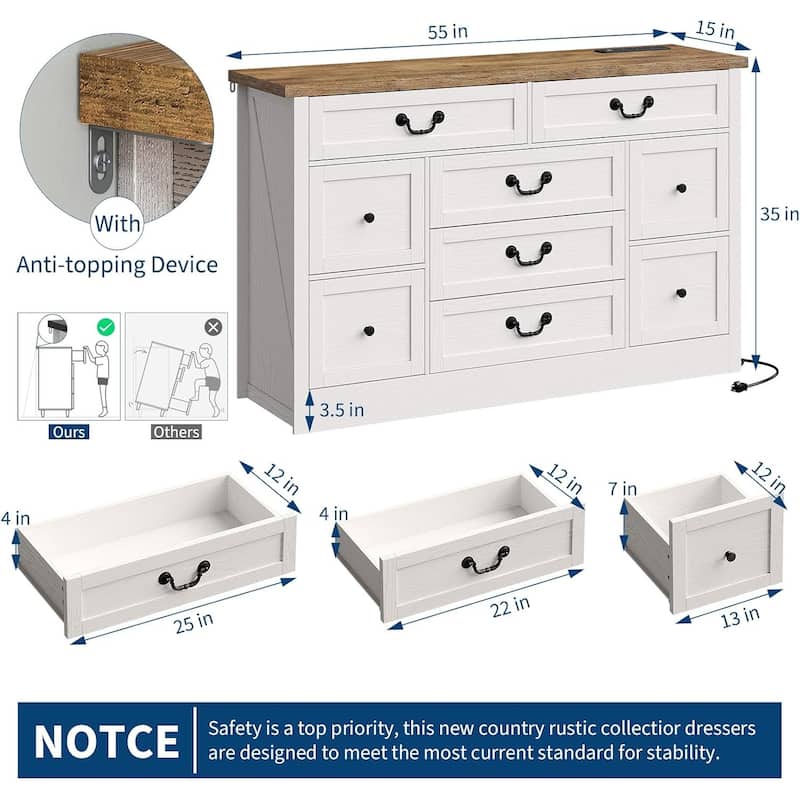 9 Drawer Dresser with Charging Station,54" Wide Wood Dresser with Metal Handle