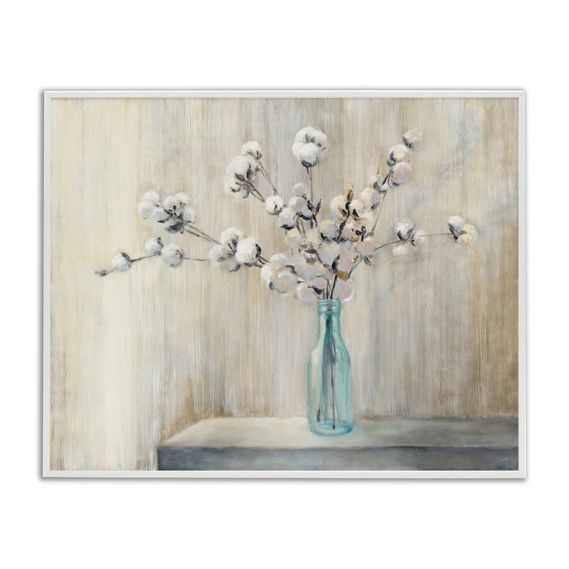 Stupell Beautiful Cotton Flower Grey Brown Painting Framed Wall Art - 16 x 20 - Wood - White