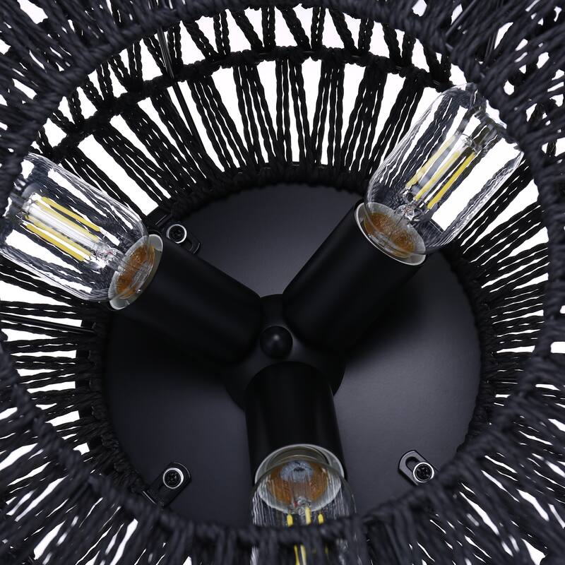 Black Woven Flush Mount Light Fixture Rustic Industrial Hemp Rope Round Ceiling Light - 11.8