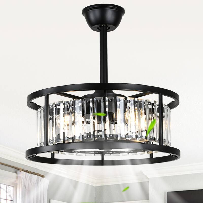 Cusp Barn 20" Black Crystal Caged Ceiling Fan with Light and Remote, Modern 8-Blade Fandelier, DC Motor Reversible Ceiling Fan