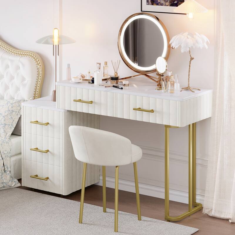 Velvet Upholstered Makeup Vanity Desk with 5 Storage Drawers, Marble-Look Sticker Top Dressing Table and Padded Makeup Chair Set