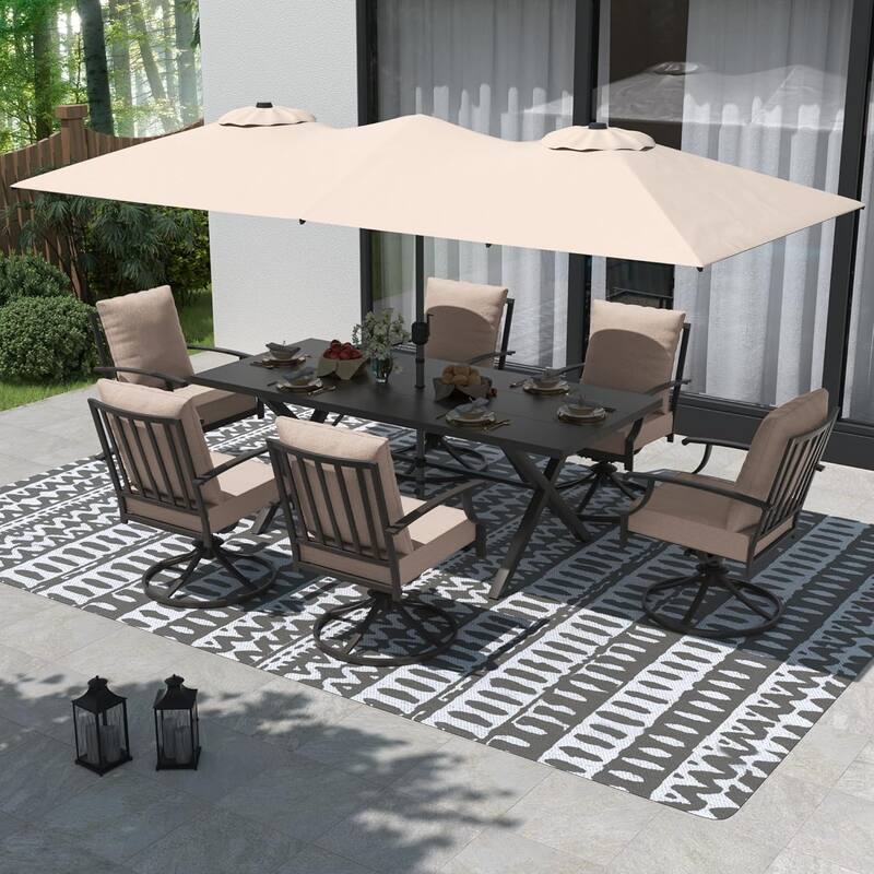 Kullavik 8 Pieces Outdoor Dining Set with 6 Swivel Chairs, X-Leg Table and Double-Sided Umbrella