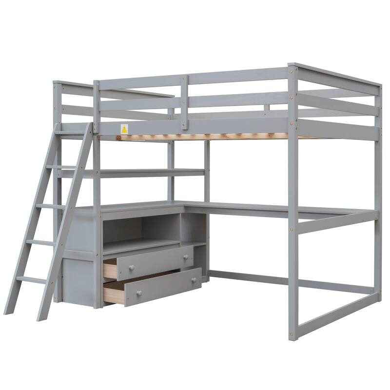 Full Size Loft Bed with Built-in Desk, Shelves & Drawers in Gray