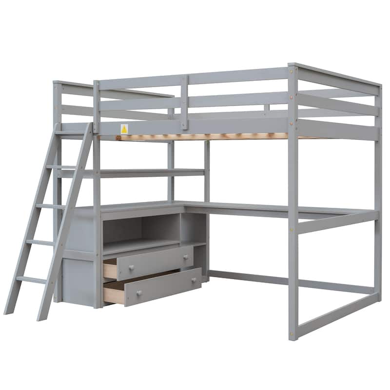 Loft Bed with Desk and Shelves, 2 Built-In Drawers