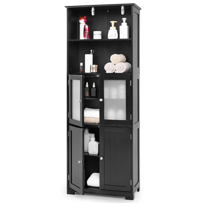 Gymax Bathroom Tall Storage Cabinet Linen Tower w/ Glass Door & - Black - Glossy