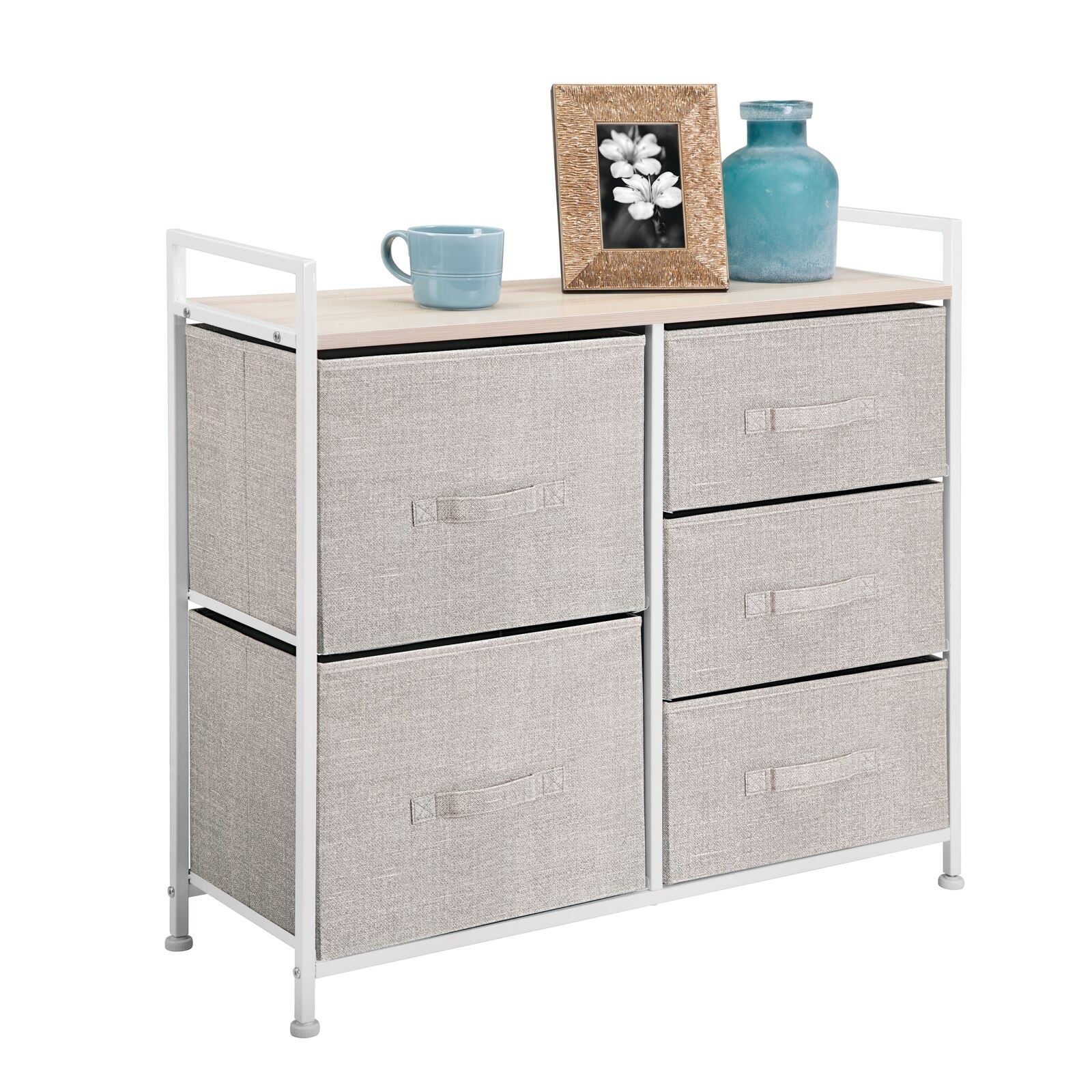 mDesign Wide Dresser 5 Drawers Storage Furniture Wood Top Easy Pull Fabric Bins 