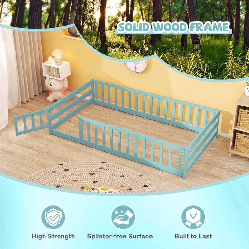 Costway Twin Size Floor Bed with Door & Fence with Safety Guardrails &