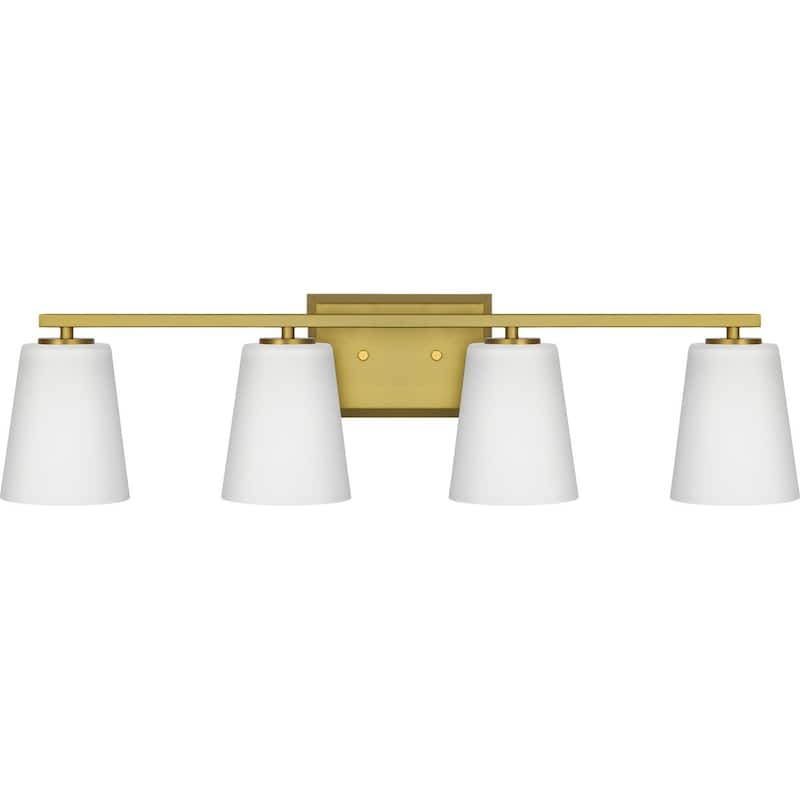 Vertex Collection Four-Light Brushed Gold Etched White Glass Contemporary Bath Light - 29 in x 6.25 in x 7.5 in