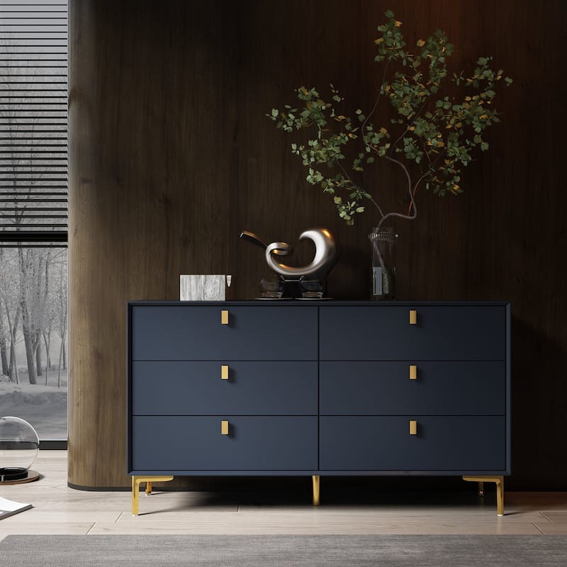 6 Drawers Storage Dresser Mid Century Chest of Drawer Sideboard - Navy Blue