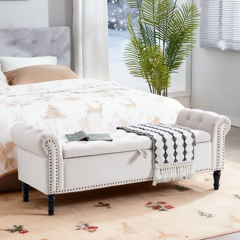 67" Velvet Tufted Storage Bench for Bedroom End of Bed with Roll Arms
