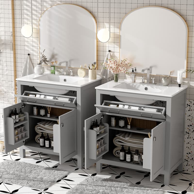 2-Piece Bathroom Vanity Set, 60" Double Ceramic Sinks Bathroom Vanity Cabinets - Gray - 60 Inch