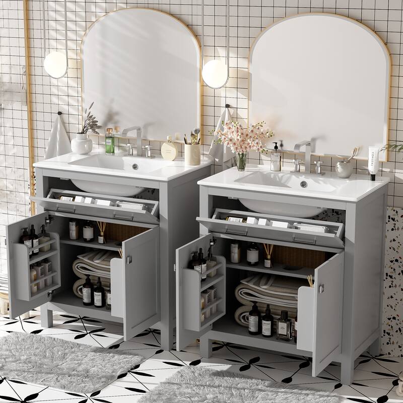Set of 2 Vanity for Bathroom with Double Ceramic Sinks, 60" Modern Storage Cabinet with Flip-down Drawers and Door Organizers