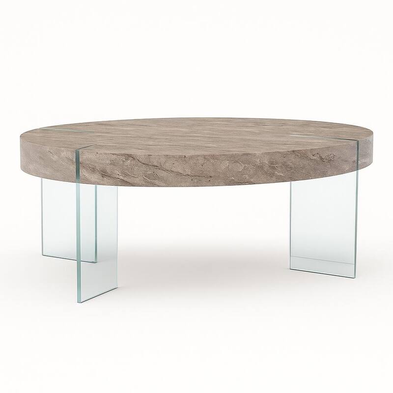 Strata Solis Coffee Table Round Stone Inspired Top Glass Legs Modern - Tan