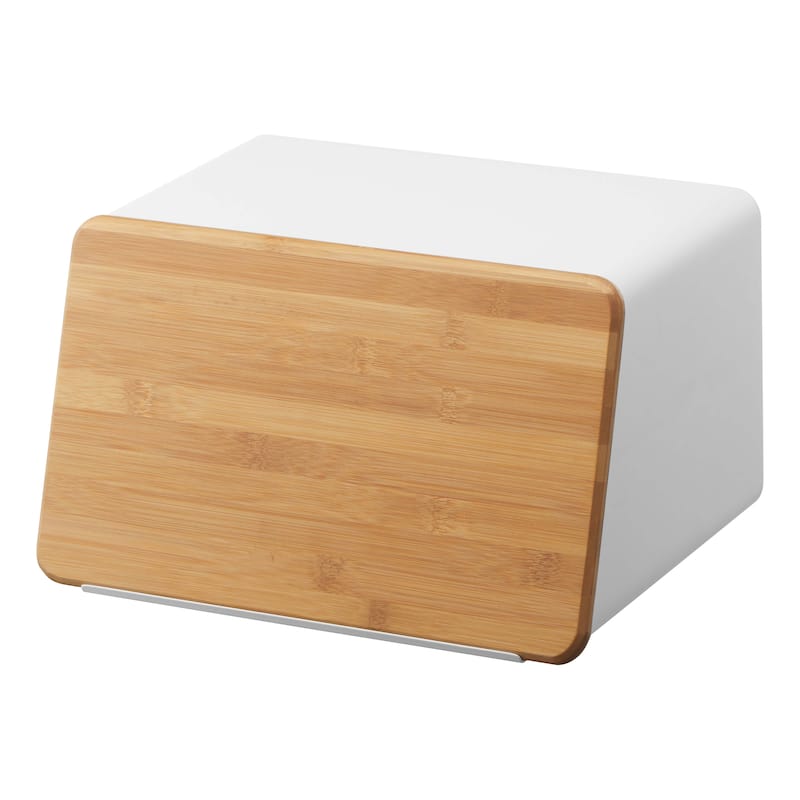 Yamazaki Home Bread Box with Cutting Board Lid, Steel and Wood, Lid - L 9.65 x W 12.4 x H 7.28 inches
