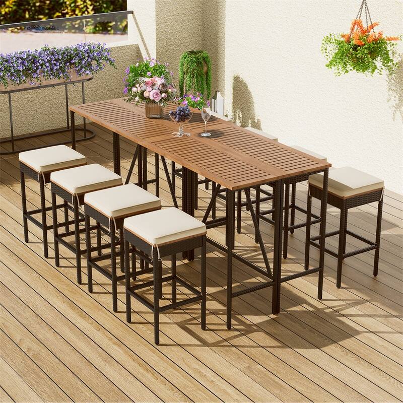 Outdoor Wood Bar Table and Stools with Cushions, Garden Wicker Dining Set - 10-Piece