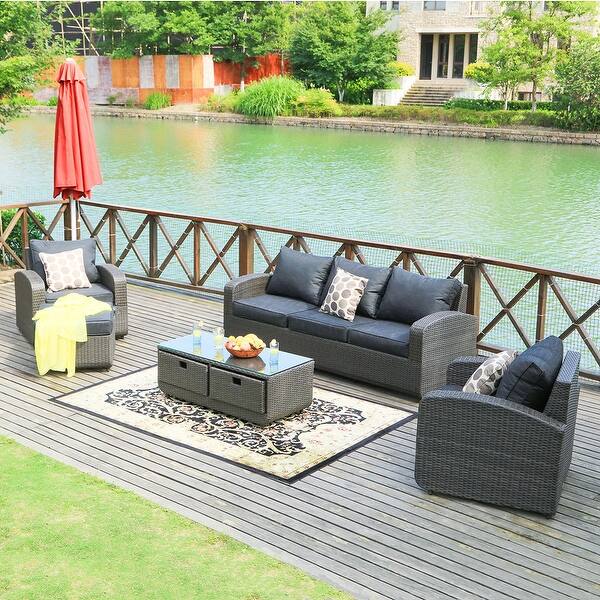 Shop Black Friday Deals On Havenside Home Stillwater 5 Piece Wicker Patio Sofa Set Outdoor Chat Sets With Drawer Table Overstock 27589671