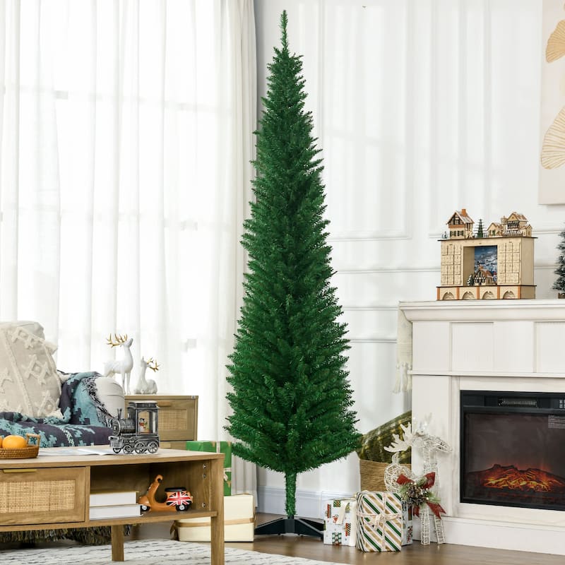 HOMCOM 7' Artificial Pencil Christmas Tree, Slim Xmas Tree with 499 Realistic Branch Tips and Plastic Stand, Blue - 6.89 ft - Green