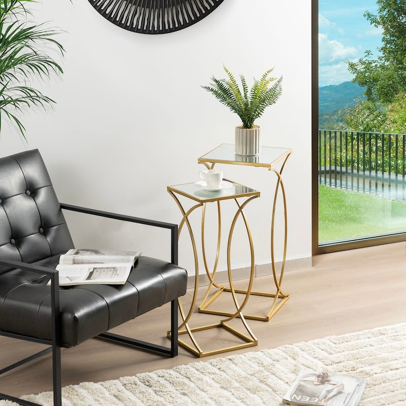 Glitzhome Set of 2 Modern Glam Glass Top Nesting Side Table