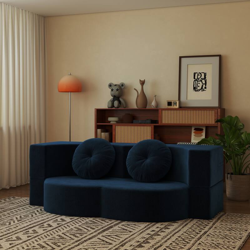 Modern 2-Seater Sofa Multi-Functional Folding Sofa Bed with Pillow, Curved Armrest, for Living Room, Apartment, Blue