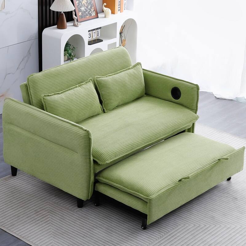 65.7" Corduroy Upholstered Pull-out Sofa With Cup Holder