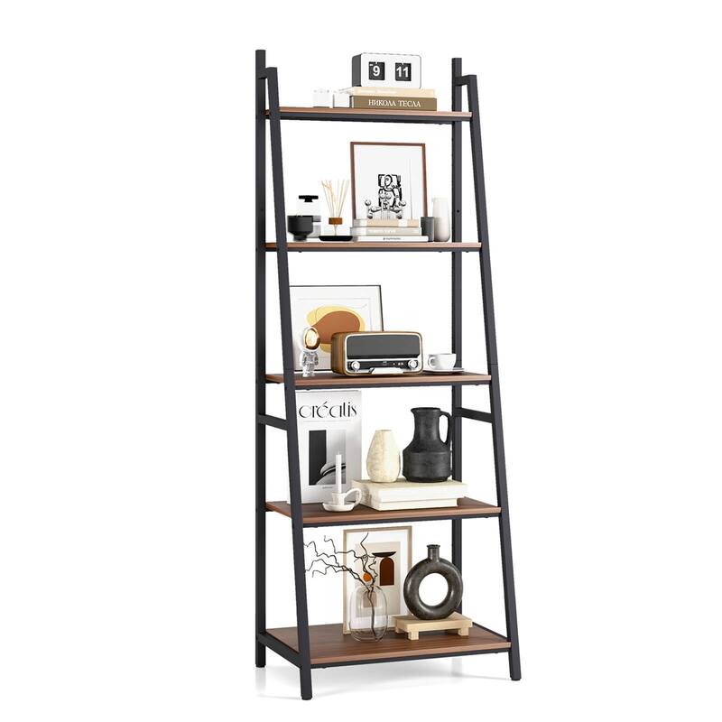 Costway Industrial Ladder Shelf Rustic 5 Tier Leaning Bookshelf Wood - See Details - Brown - See Details