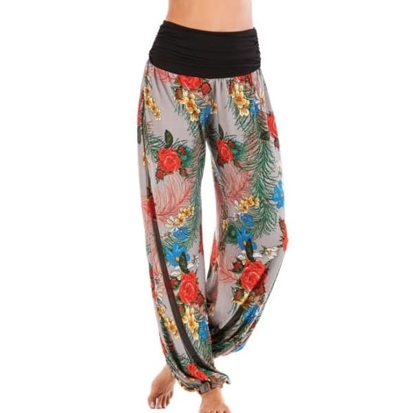 QUANYONG Womens Harem Pants Boho Yoga Pants Hippie Flowy Casual Beach Pants High Smocked Waisted