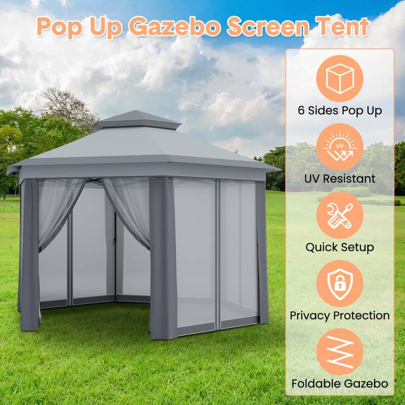 Pop Up Gazebo, Hexagonal Canopy Shelter with 6 Zippered Mesh Netting, Event Tent with Strong Steel Frame