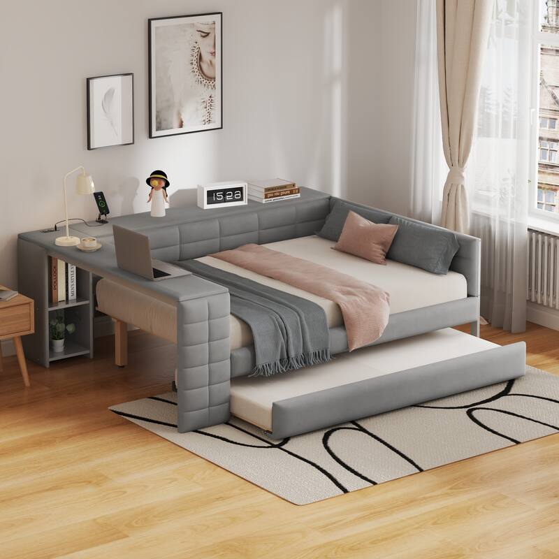 Full Size Upholstered Platform Sofa Bed with Trundle, Modern Velvet Daybed with Storage Shelves, Desk and Charging Station