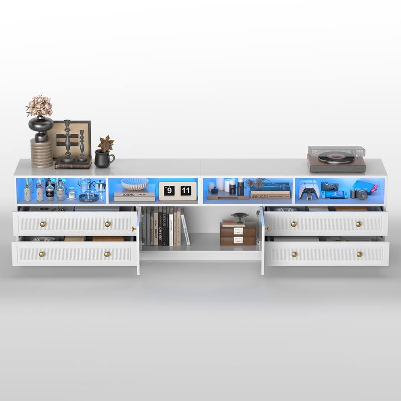 Meyreso 86.6" Modern LED Lighted TV Stand with 4 Open Shelves and Storage Cabinets