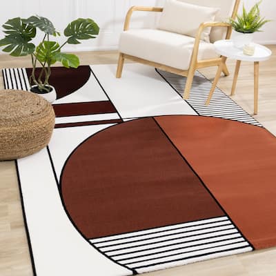 Claremont Collection - White/Back/Orange/Red Art Deco Geometric Rug Rug