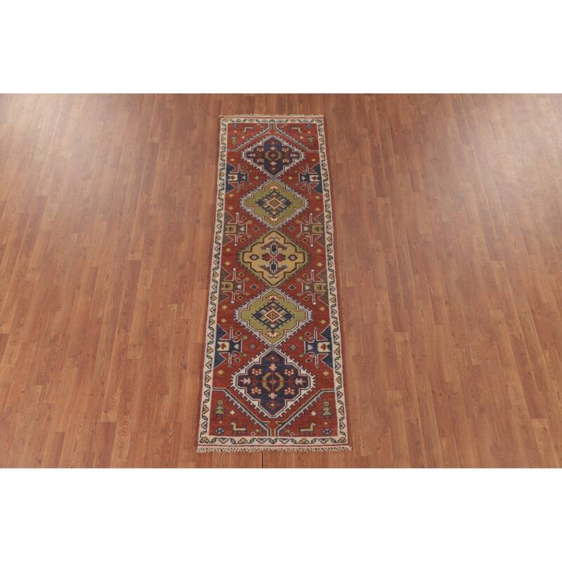Orange Geometric Kazak Oriental Runner Rug Handmade Wool Carpet - 2'7"x 7'10"